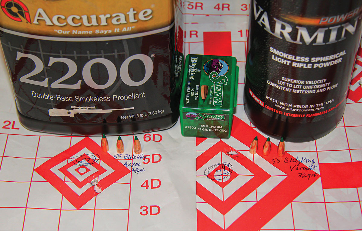 The two best groups shot with the Sierra 55-grain BlitzKing included .27 inch at 3,436 fps with 29 grains of Accurate 2200; and .19 inch at 3,452 fps with 32 grains of Alliant Power Pro Varmint.